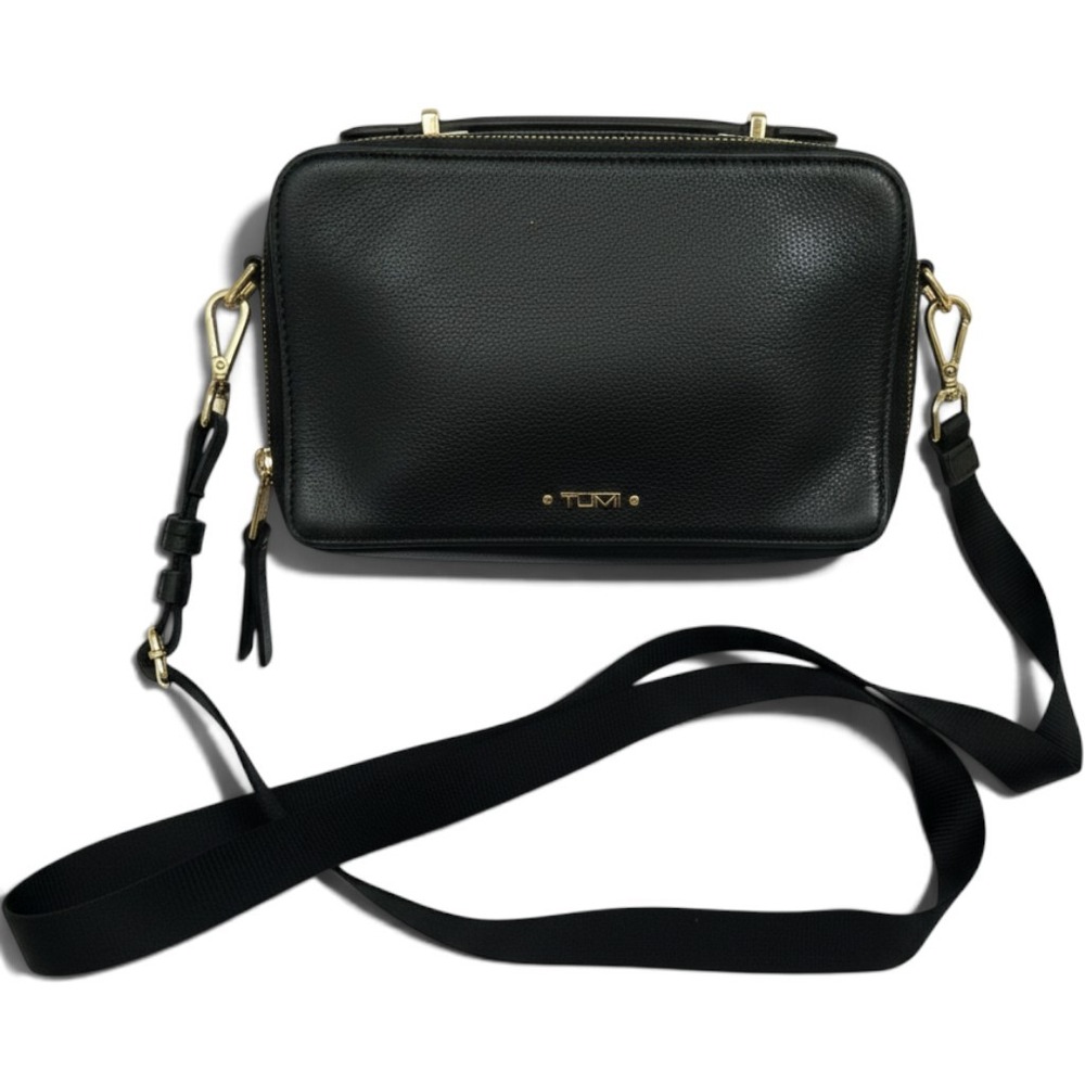 Tumi Voyageur Black Leather Crossbody Bag Gold Hardware Wallet Clutch